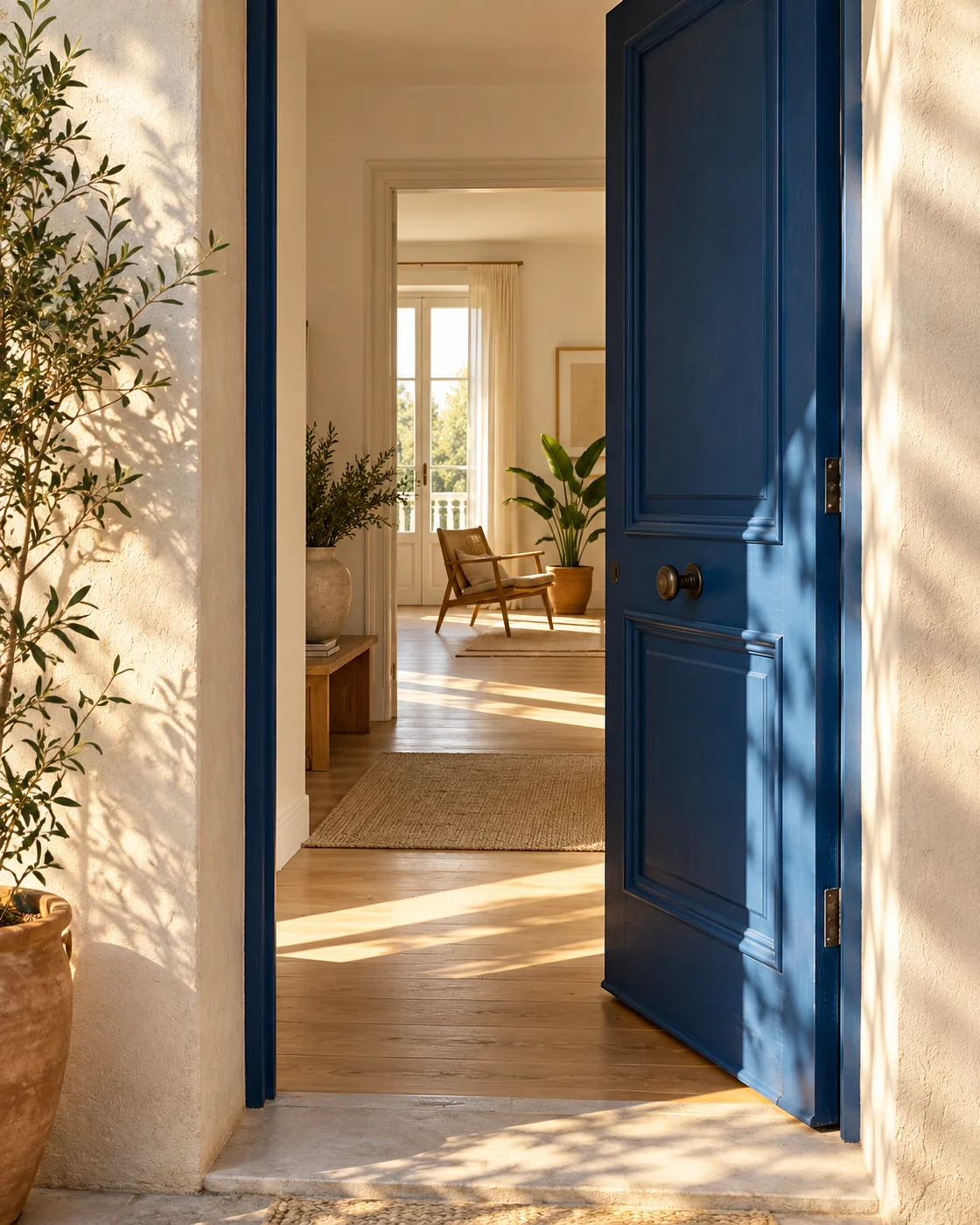 Puerta azul abierta a una casa luminosa · imagen de ambientación